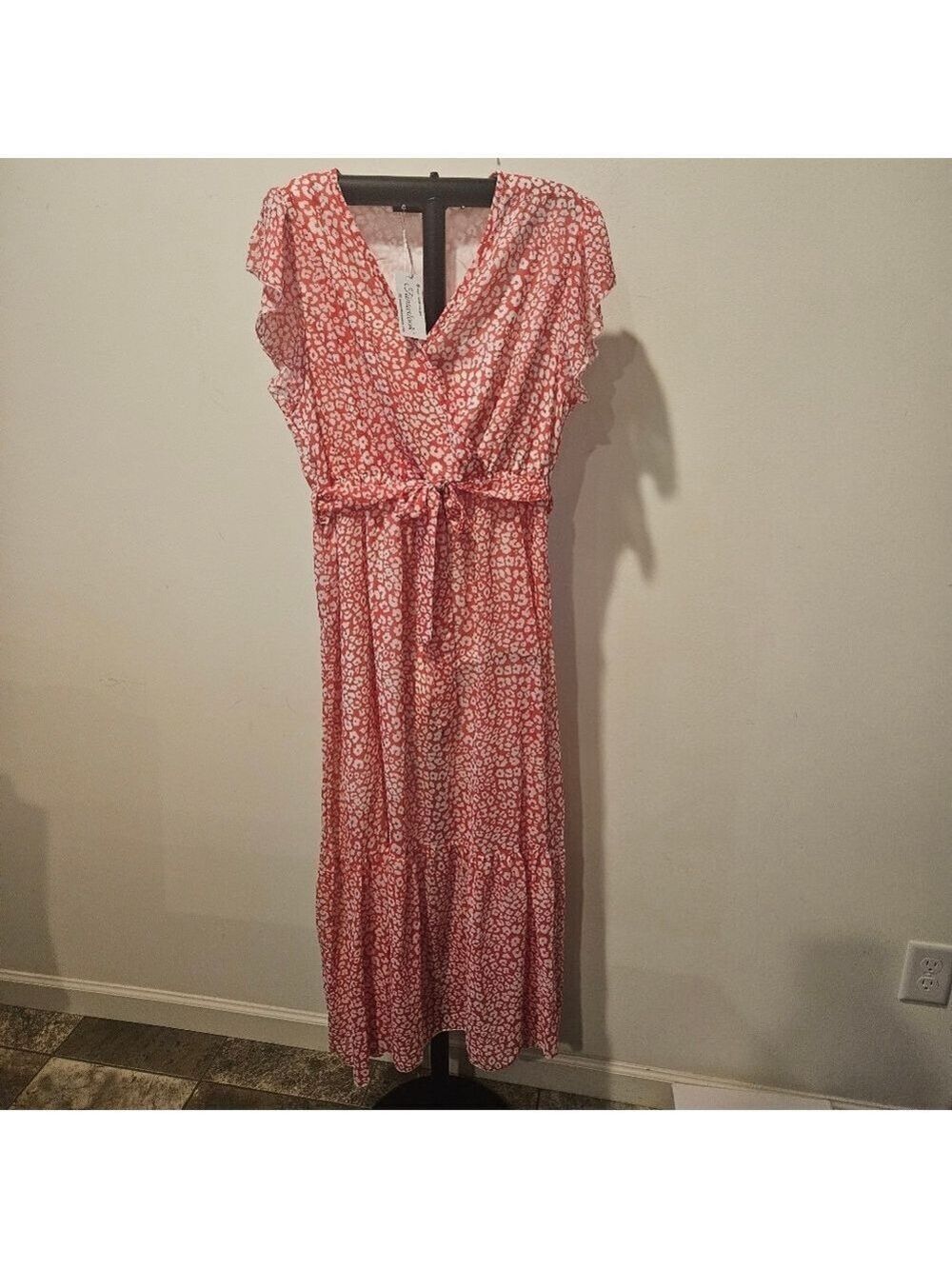 Fantasticlook NWT Women's Ruffle Sleeve Belted Boho Midi Dress, L, Red & White - Picture 2 of 9